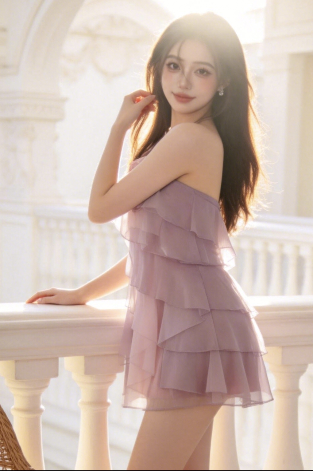 倚靠栏杆撩头发